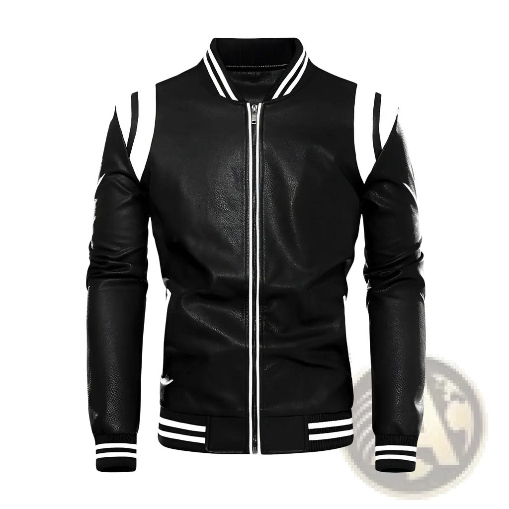 Black leather bomber jacket with white striped accents on collar sleeves and cuffs showcasing a stylish design