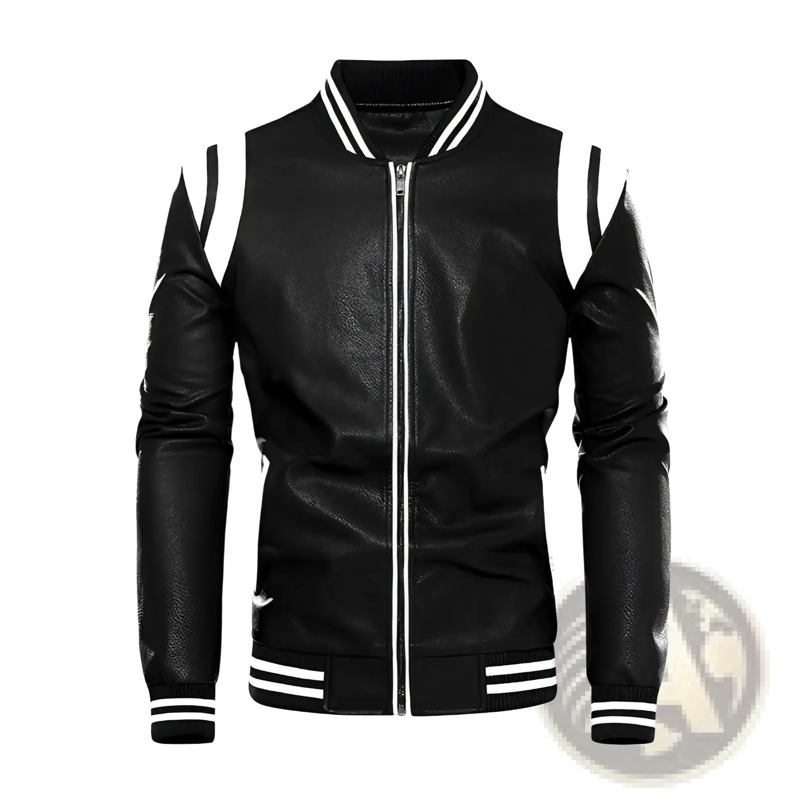 Black leather bomber jacket with white striped accents on collar sleeves and cuffs showcasing a stylish design