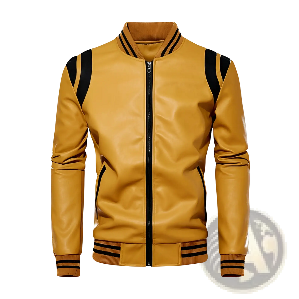 A mustard-yellow leather bomber jacket with black striped accents on shoulders cuffs and waistband