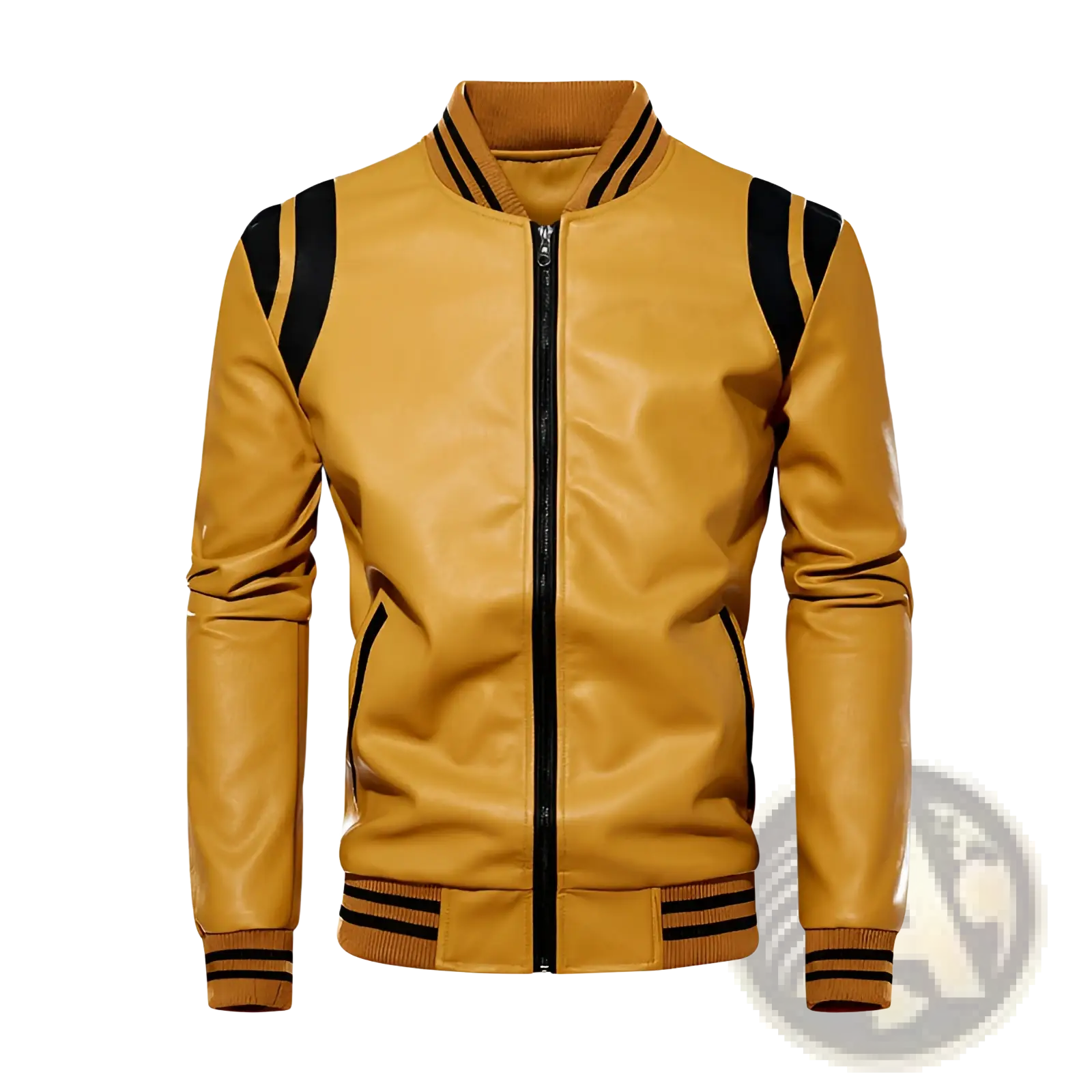 A mustard-yellow leather bomber jacket with black striped accents on shoulders cuffs and waistband