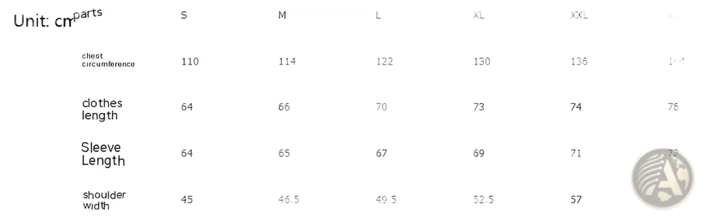 Size chart for women’s leather bomber jacket with stripes showing measurements in centimeters from s to xxxl