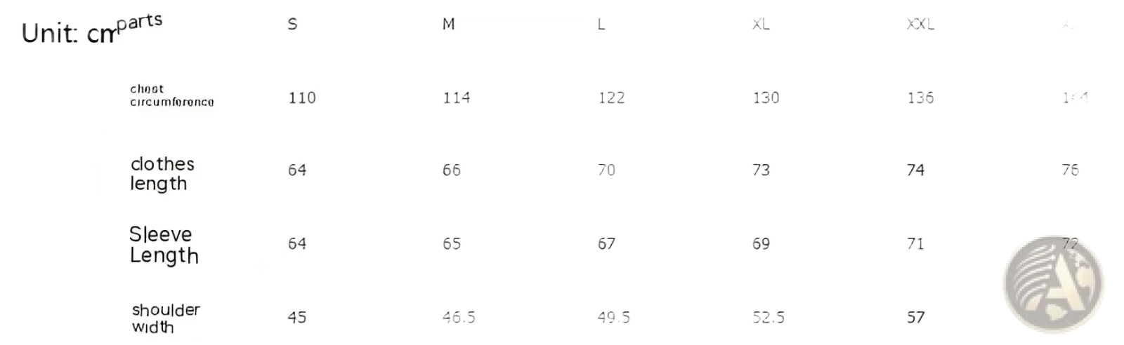 Size chart for women’s leather bomber jacket with stripes showing measurements in centimeters from s to xxxl