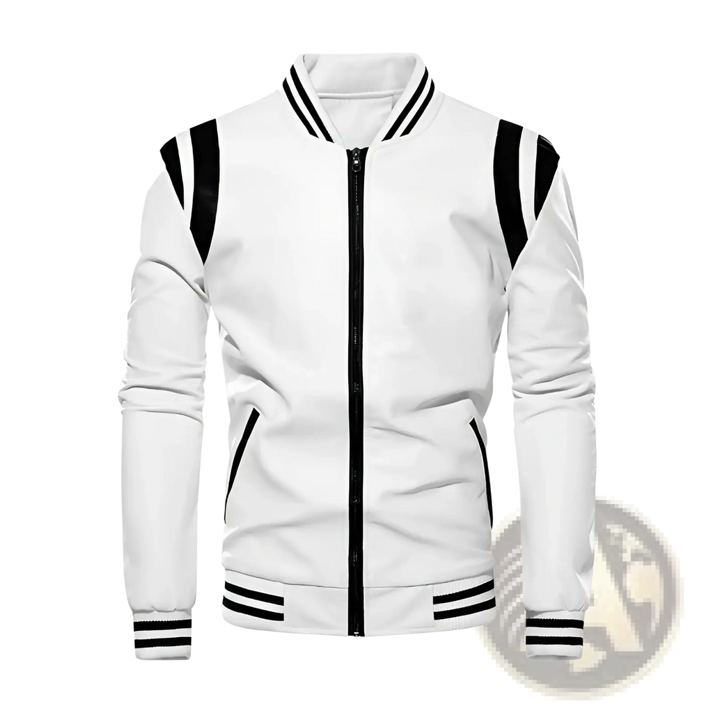 White leather bomber jacket with black striped varsity detailing on shoulders collar cuffs and hem