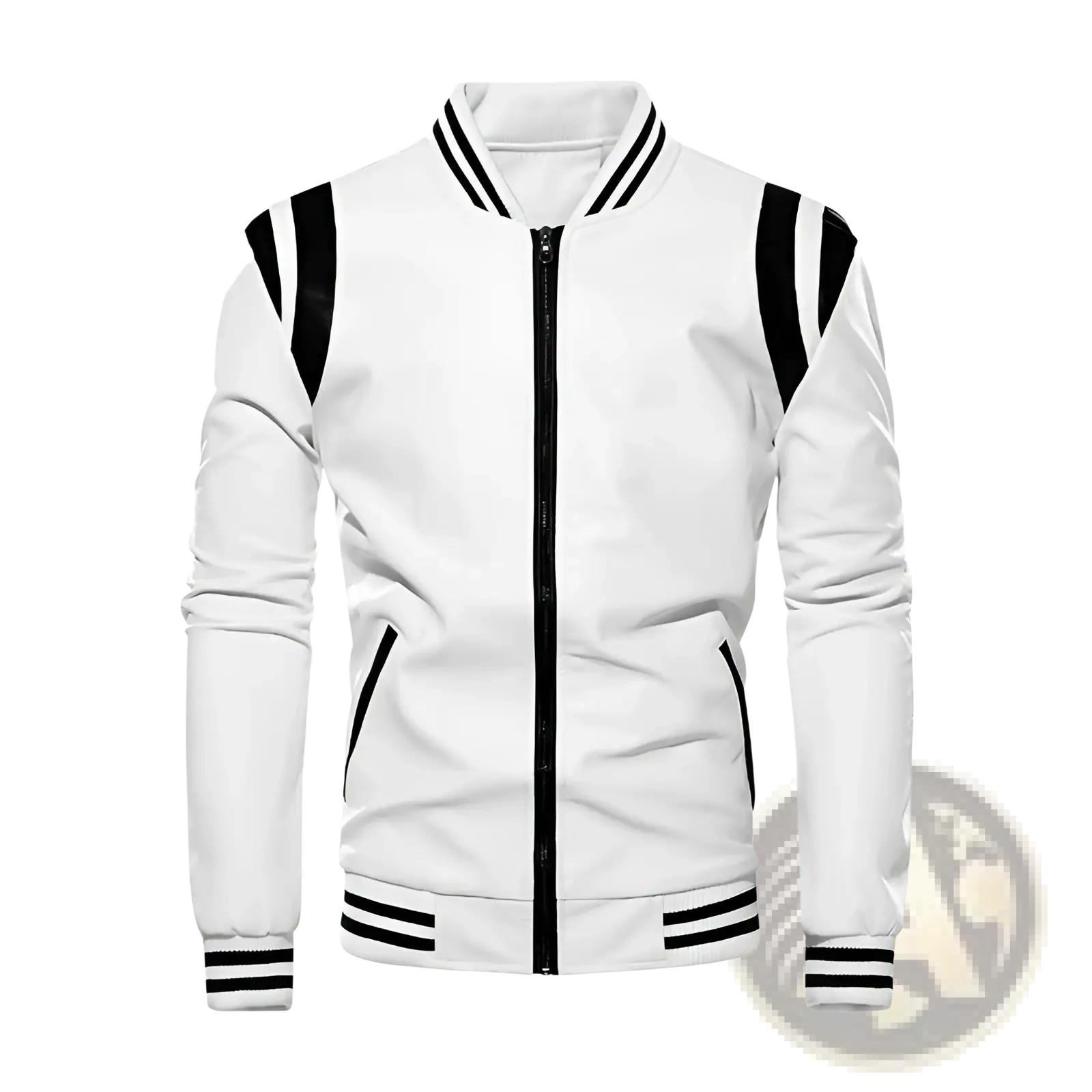 White leather bomber jacket with black striped varsity detailing on shoulders collar cuffs and hem