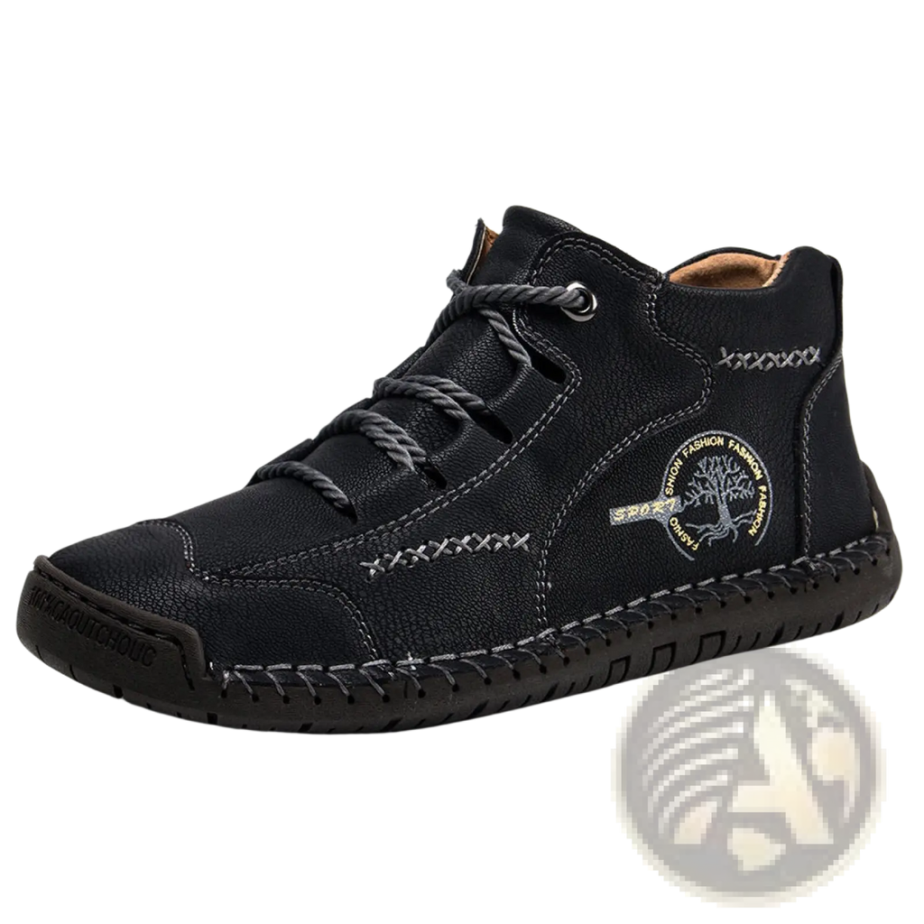 Black leather high top sneakers with gray laces and a stitched tree emblem on the side vintage style