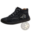 Black leather high top sneakers with gray laces and a stitched tree emblem on the side vintage style