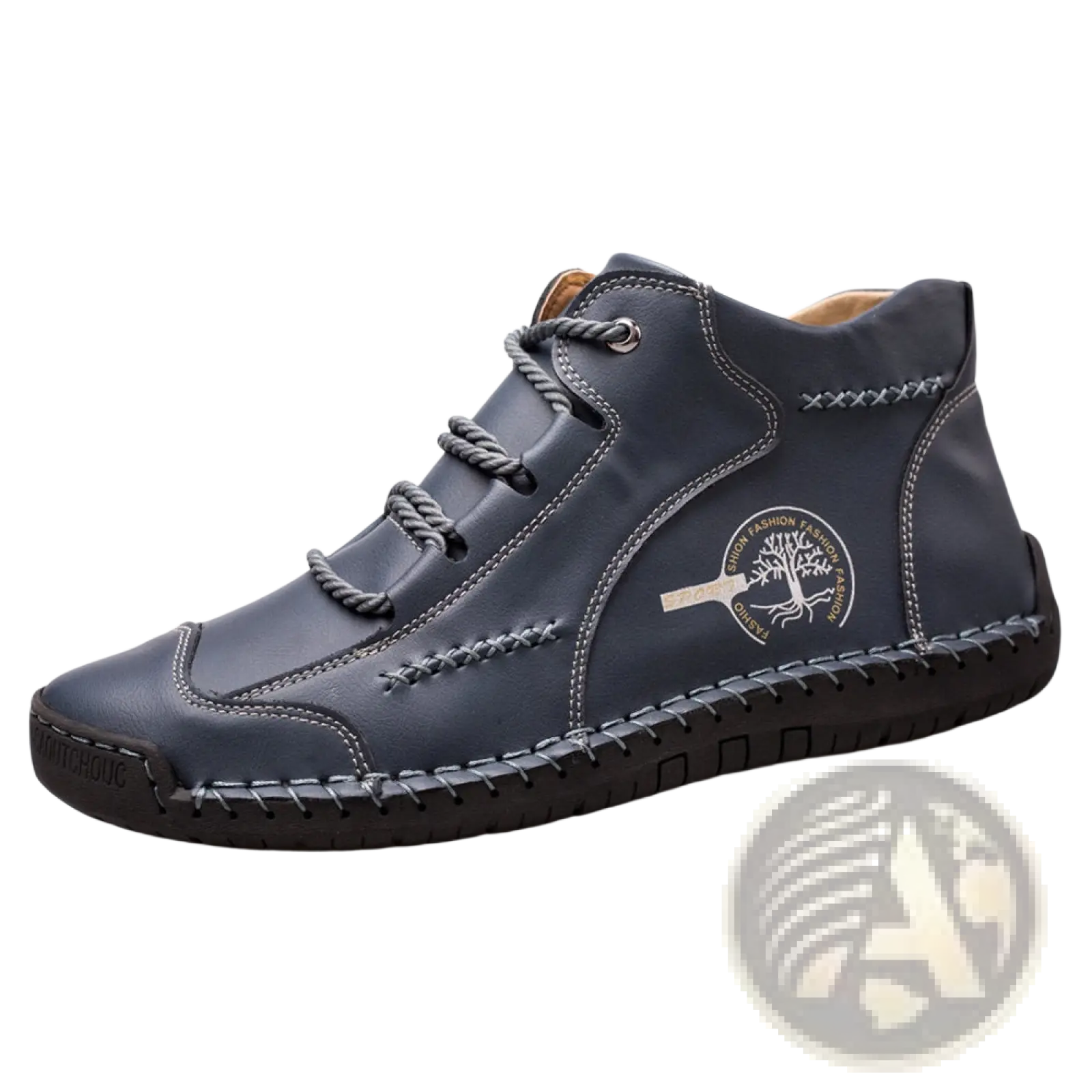 Dark blue leather hand stitched vintage high top sneaker with gray laces and stitched design