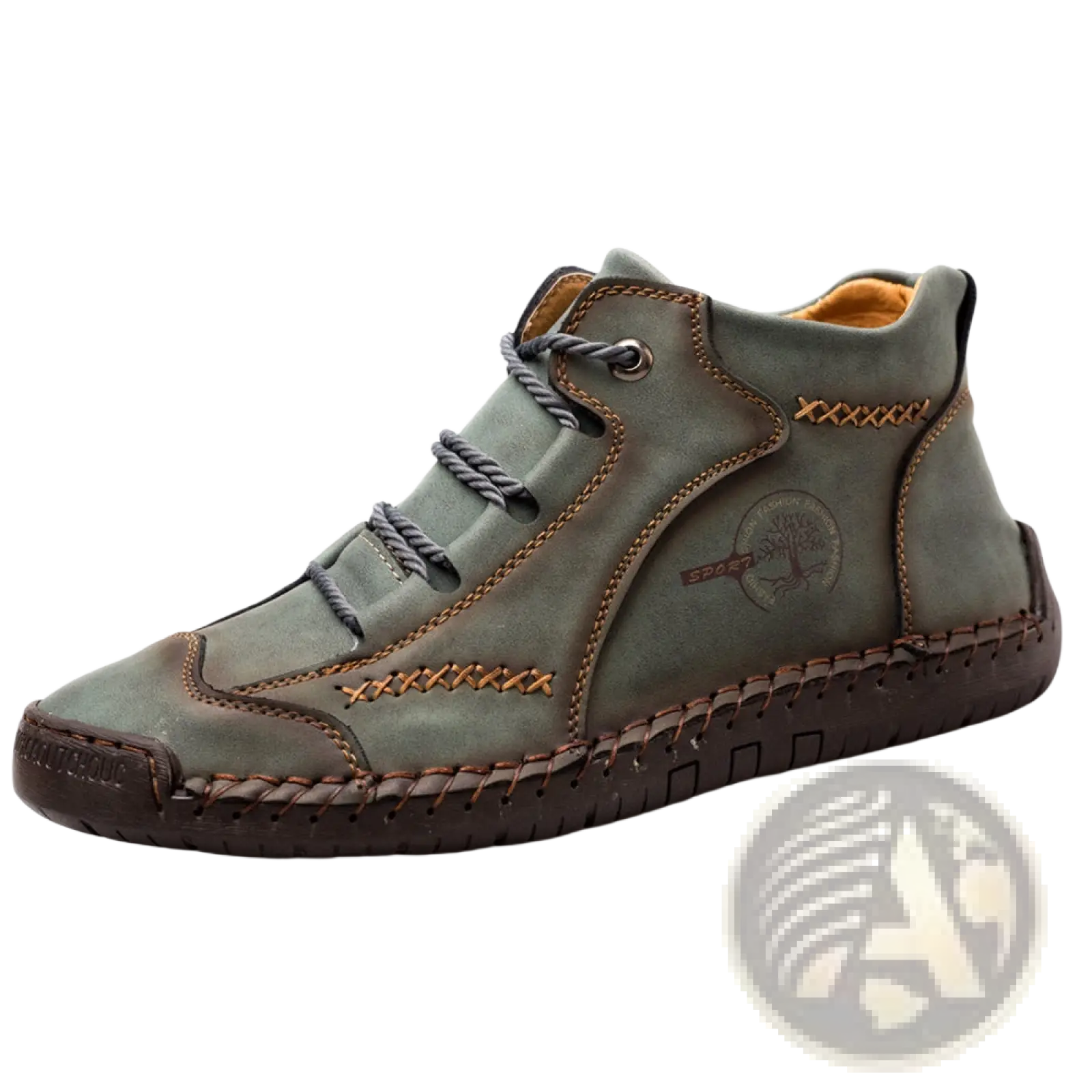 Leather boots hand stitched vintage high top sneakers in olive green leather with brown stitching and textured rubber sole