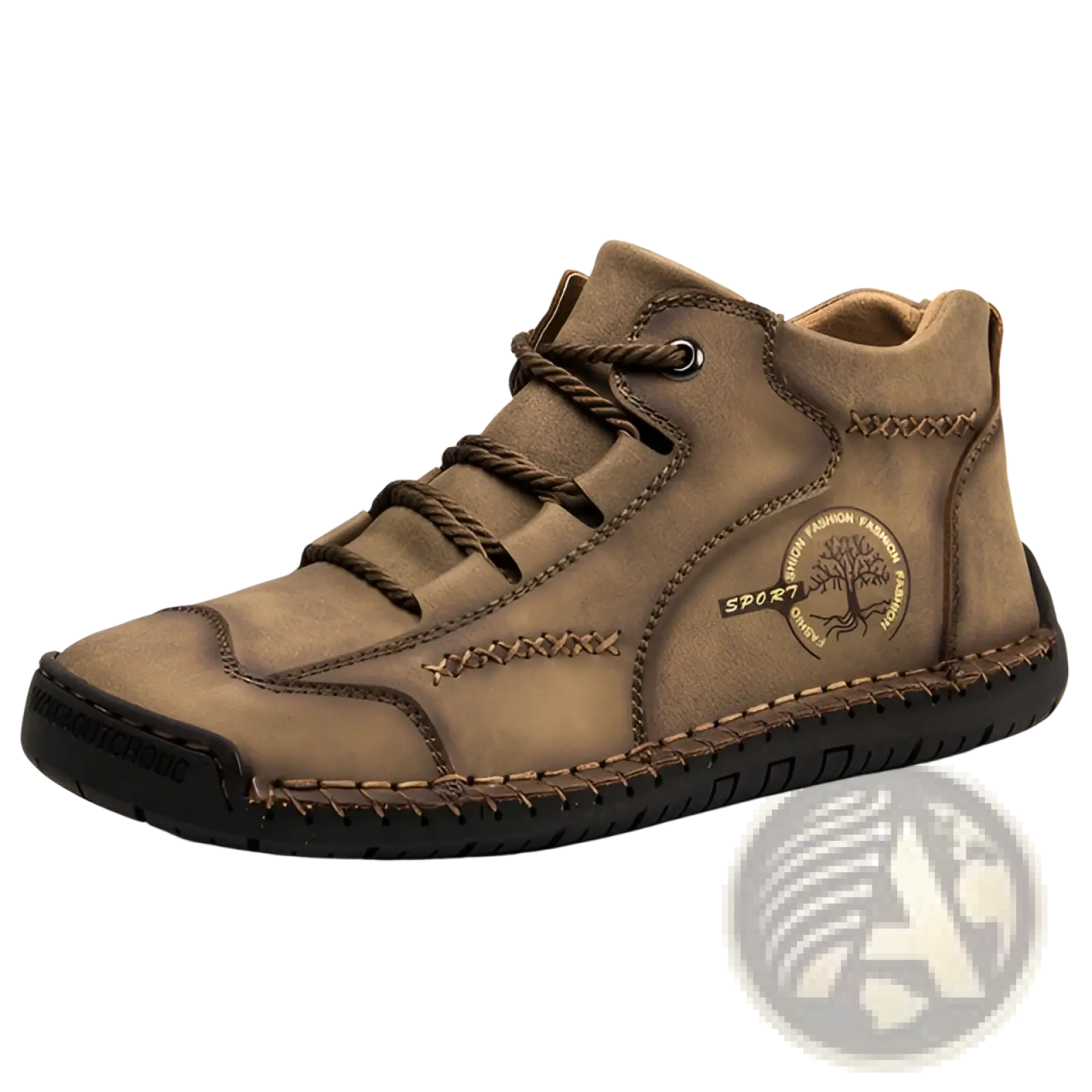 Brown suede leather high top sneaker with stitched tree emblem and matching laces in vintage hand stitched style