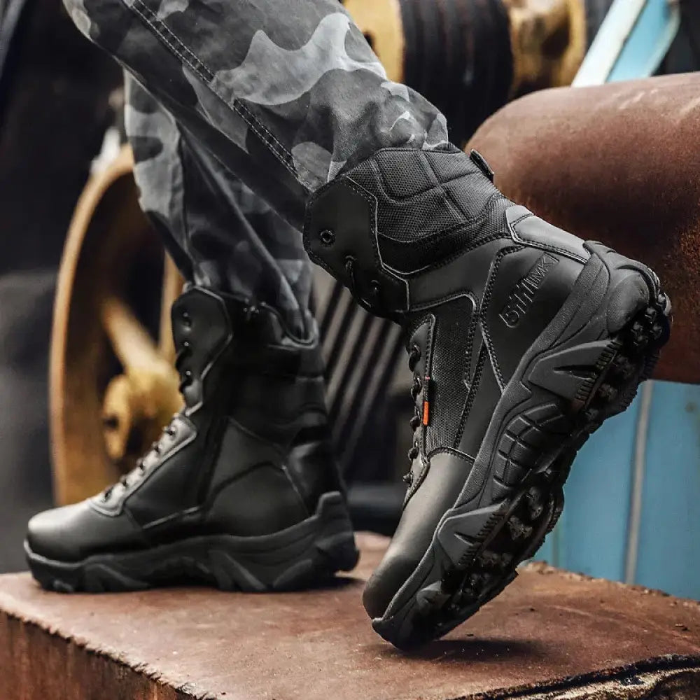 Black waterproof leather men’s tactical snow and combat boots with rugged soles and reinforced stitching
