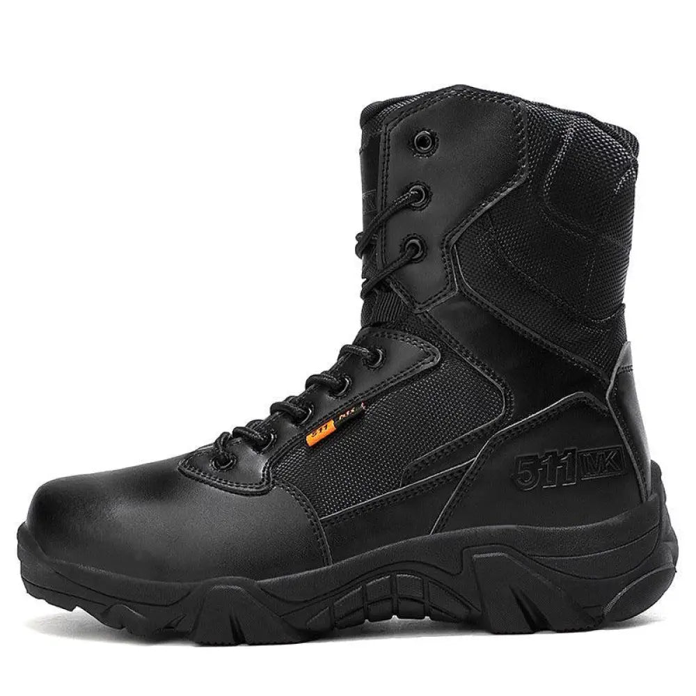 Men’s black 5.11 tactical waterproof leather snow and combat boot with reinforced mesh panels and rugged sole with orange laces