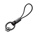 Black leather braided carabiner keychain with black cord and matte metal ring featuring a sleek rectangular connector