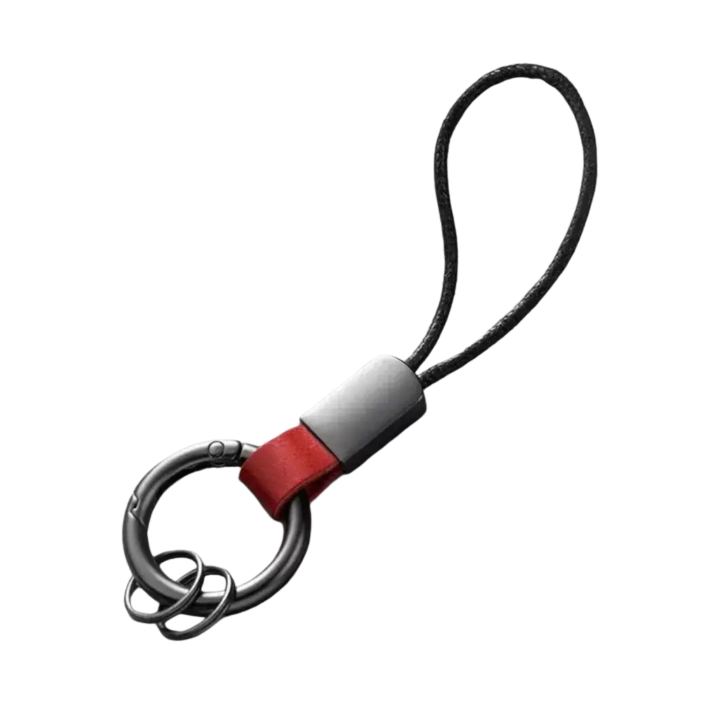 Leather braided carabiner keychain featuring a black cord, silver metal carabiner, and red leather strap