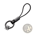 Black leather braided carabiner keychain with black cord and matte metal ring featuring a sleek rectangular connector