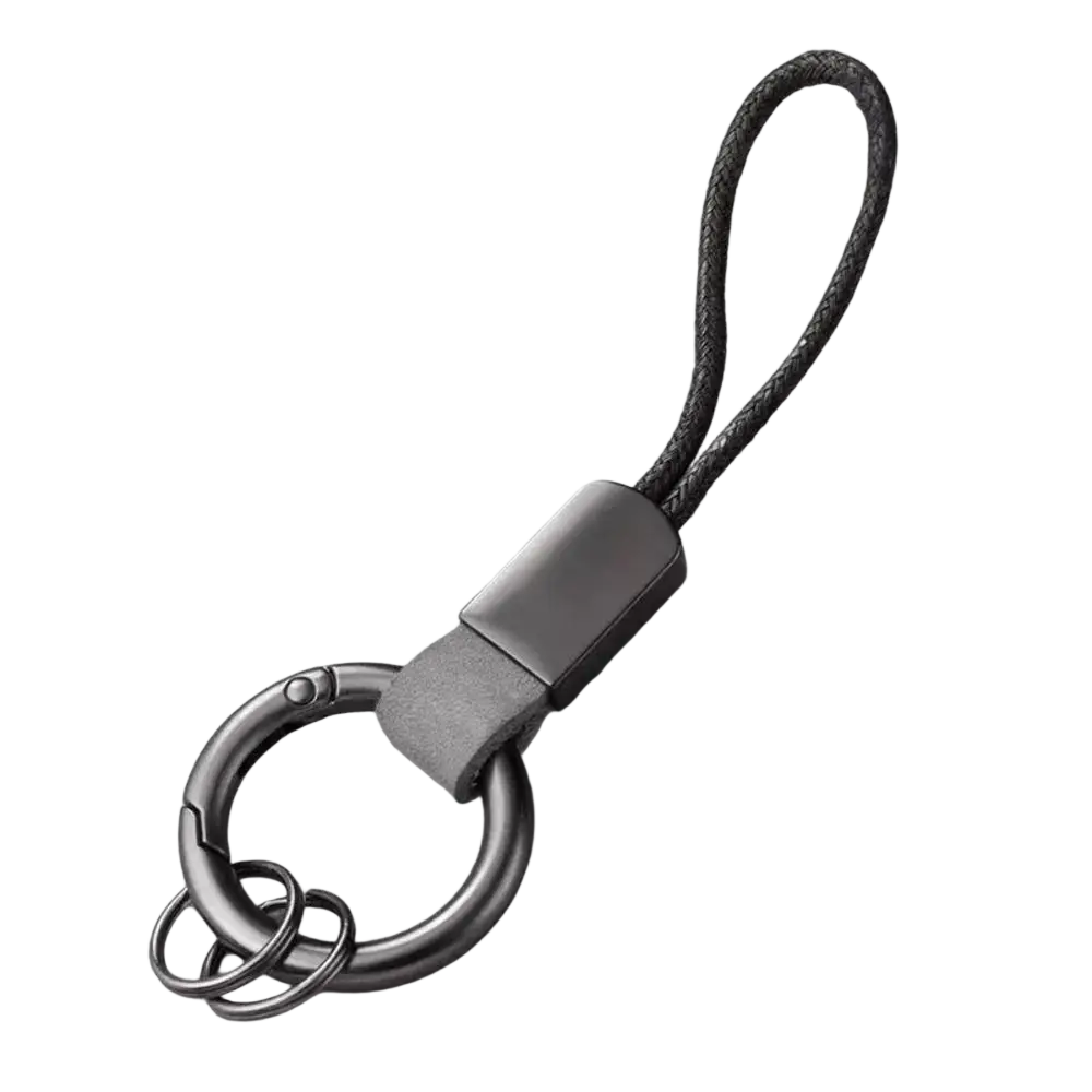 Gray metal leather braided carabiner keychain with braided cord and leather strap for secure key organization
