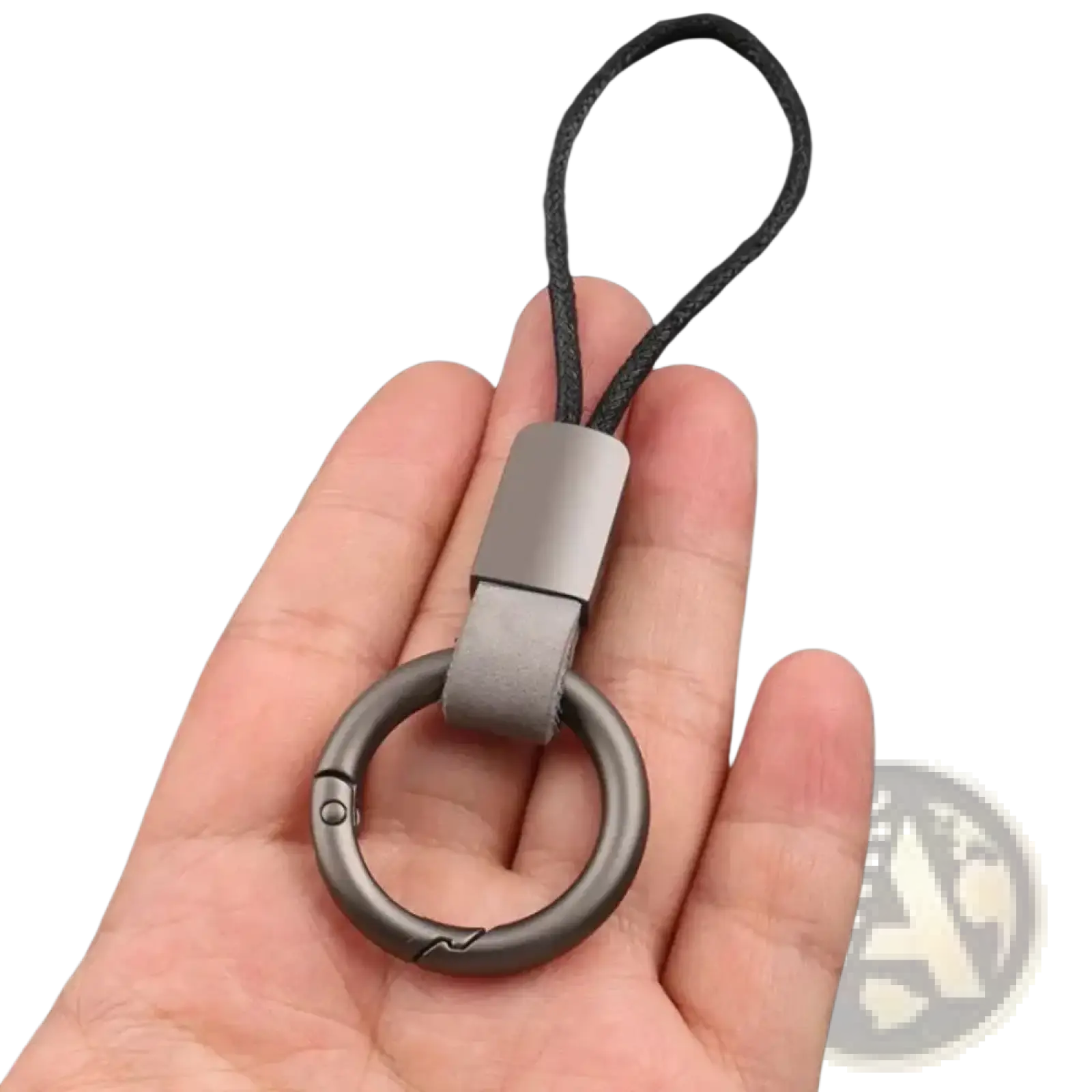 Gray metal leather braided carabiner keychain with a leather strap and black braided cord for secure key holding