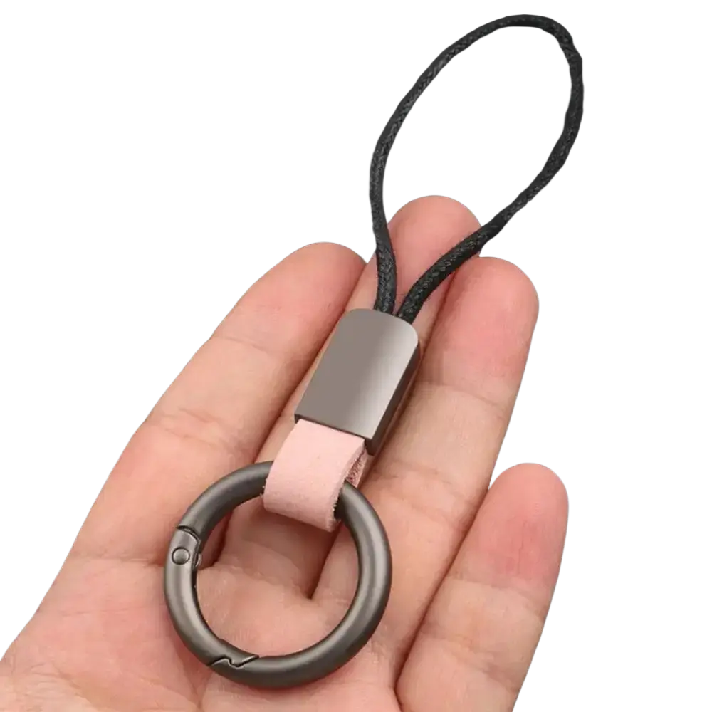 Leather braided carabiner keychain with sleek matte metal ring light pink leather strap and black braided cord