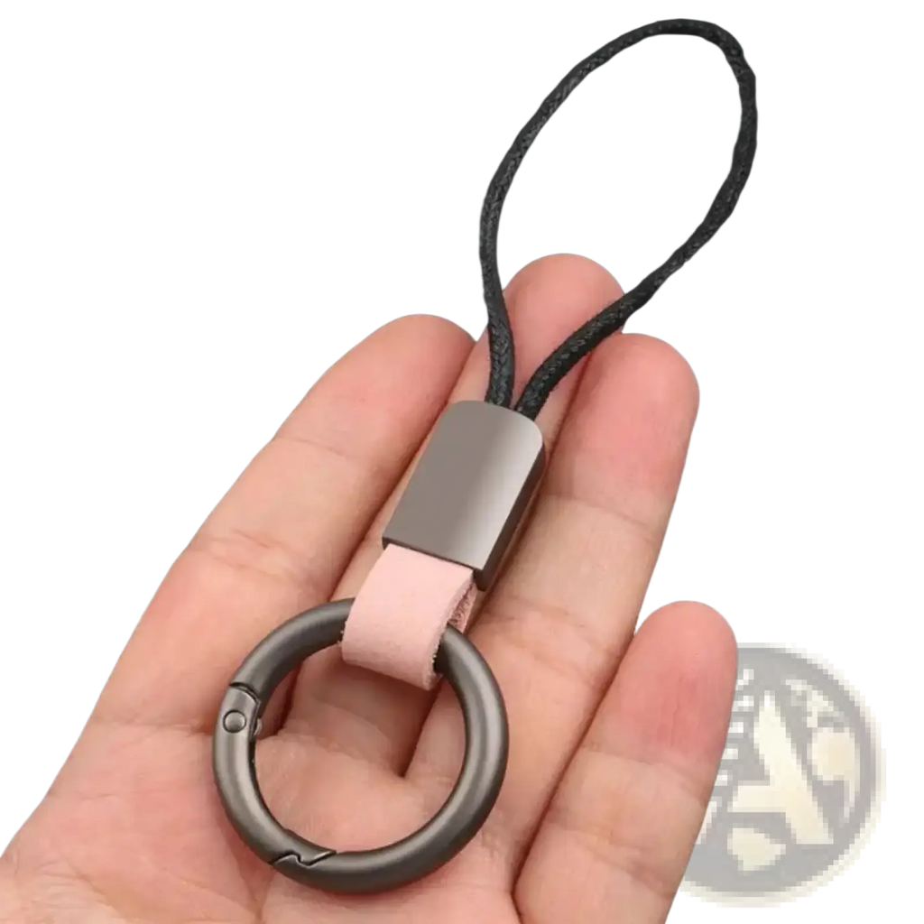 Leather braided carabiner keychain with sleek matte metal ring light pink leather strap and black braided cord