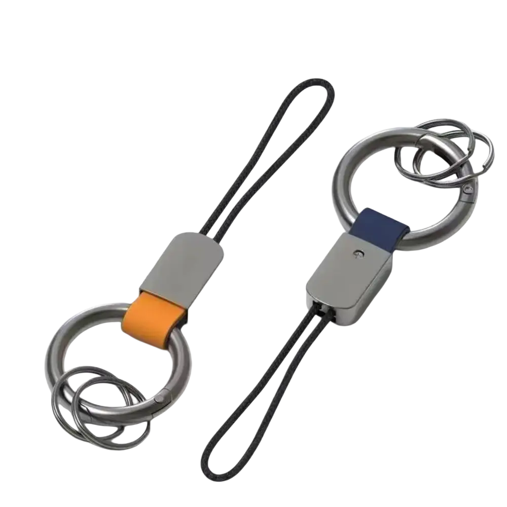 Two leather braided carabiner keychains with orange and blue leather straps featuring metallic rings and black cord loops