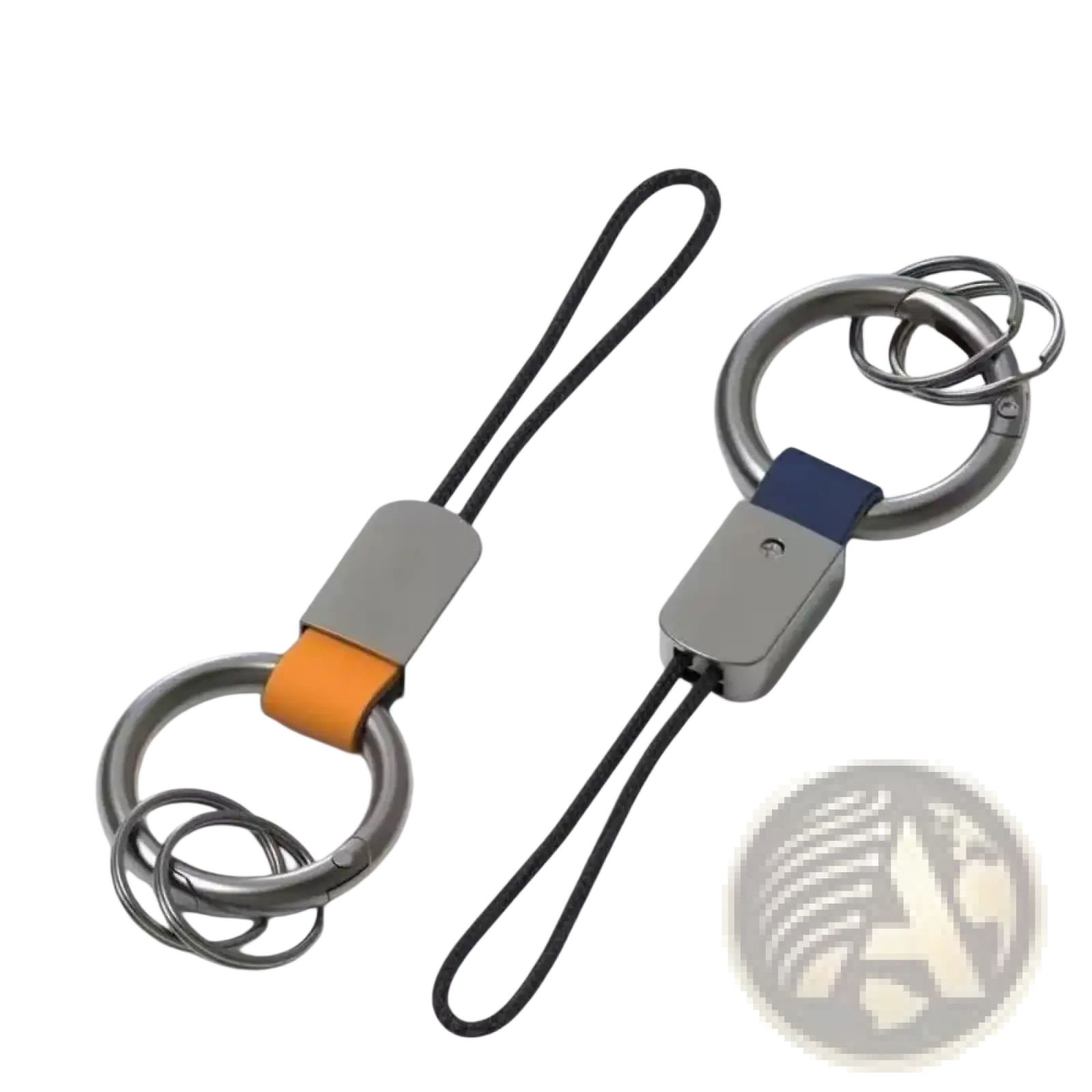Two leather braided carabiner keychains with orange and blue leather straps featuring metallic rings and black cord loops
