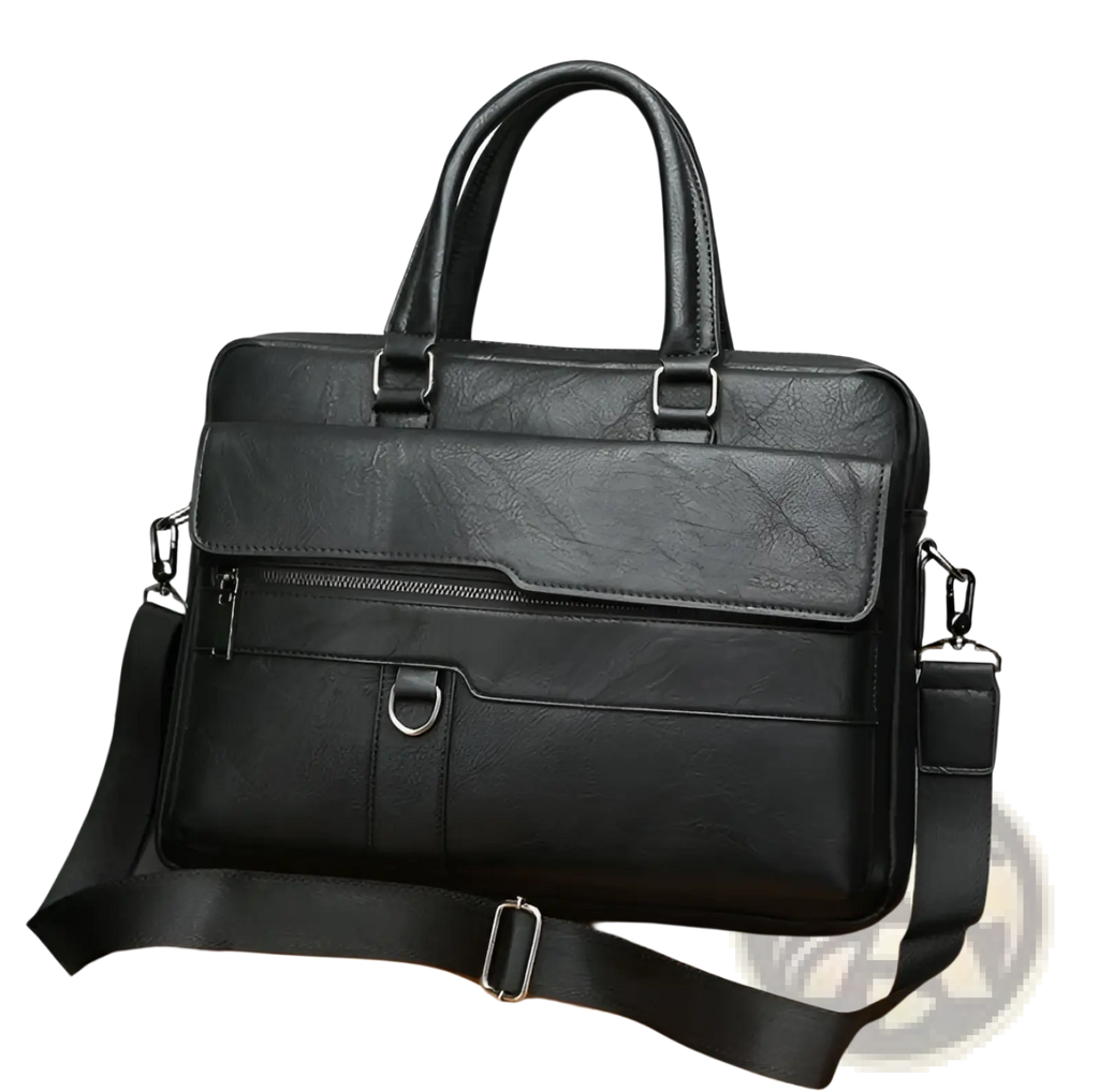 Black leather briefcase with textured surface dual top handles and adjustable shoulder strap premium pu bag for men
