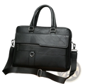 Black leather briefcase with textured surface dual top handles and adjustable shoulder strap premium pu bag for men