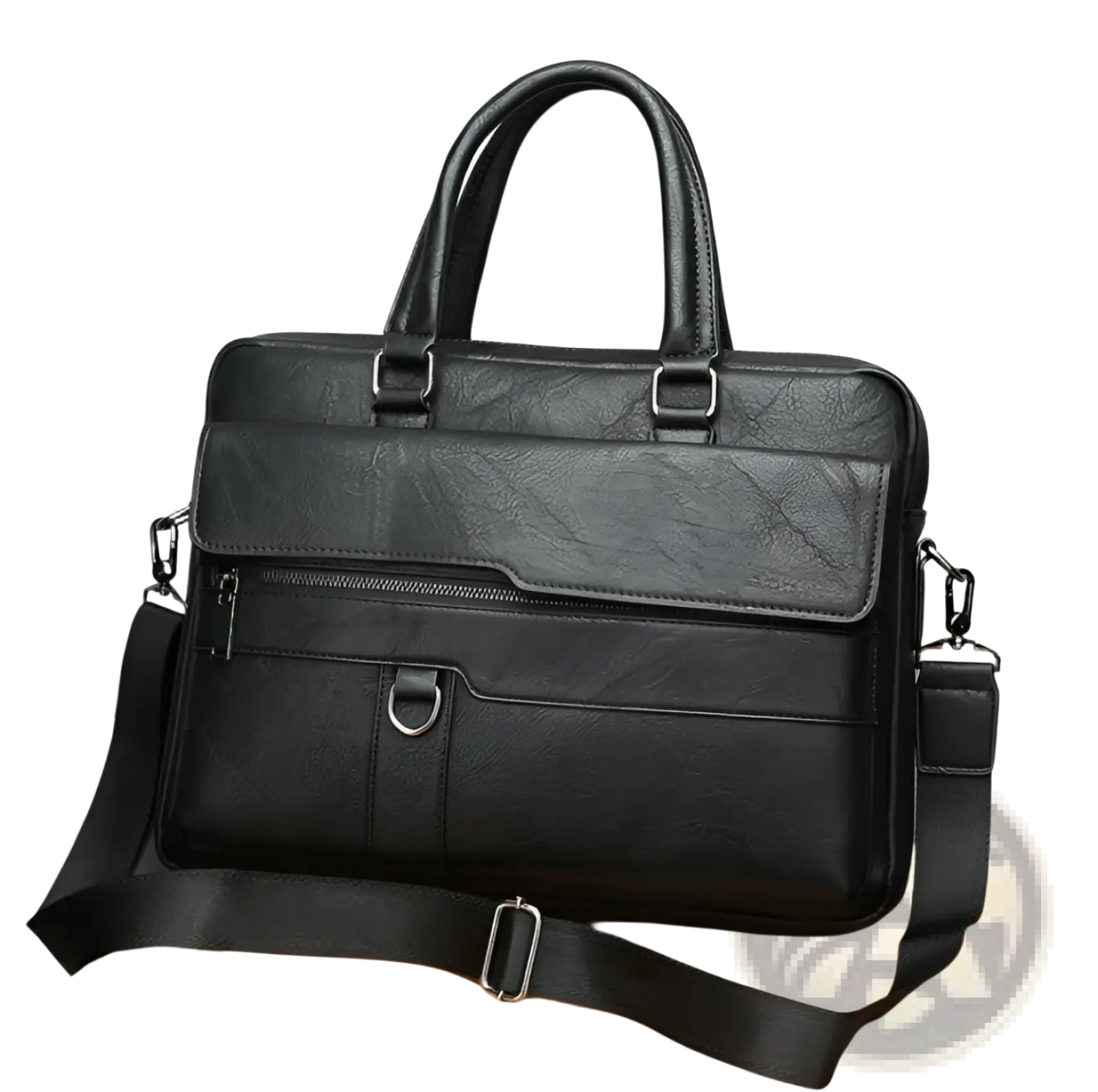 Black leather briefcase with textured surface dual top handles and adjustable shoulder strap premium pu bag for men
