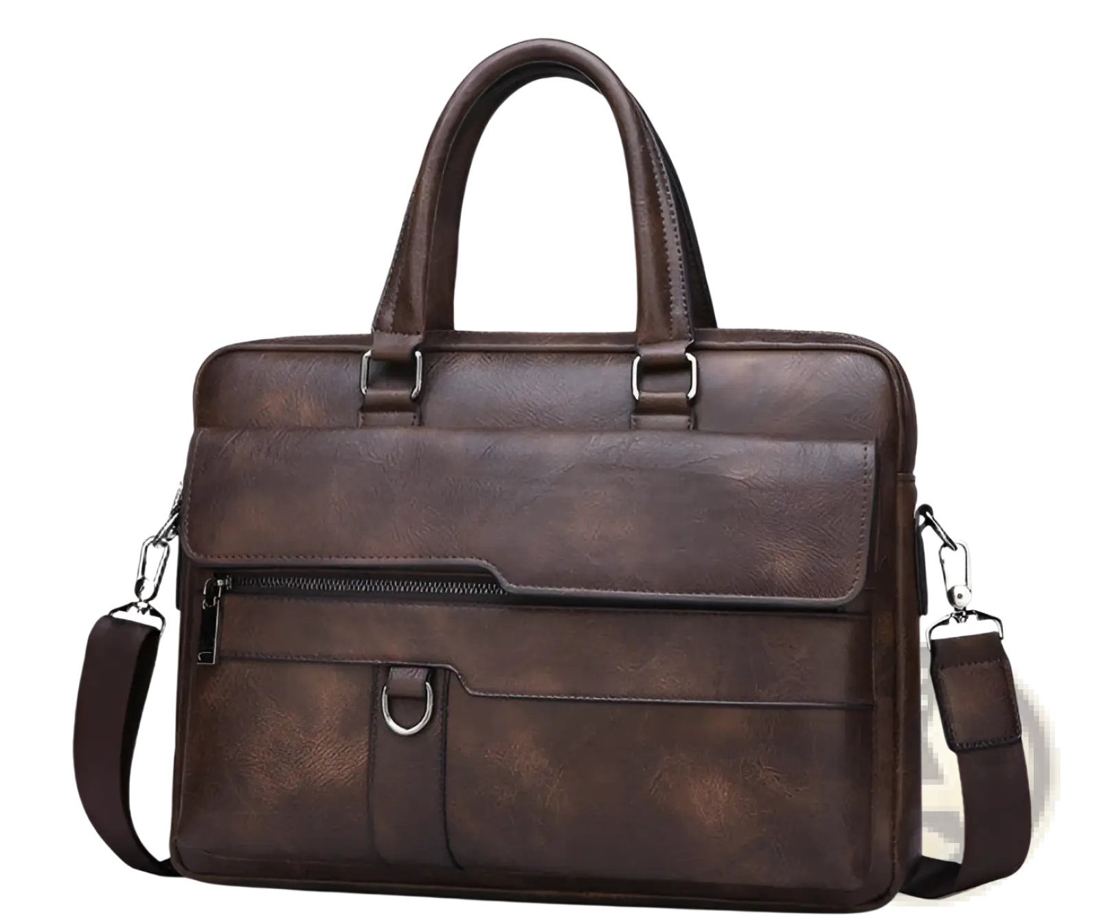 Brown leather briefcase shoulder bag for men with a textured worn finish and sturdy handles premium PU material