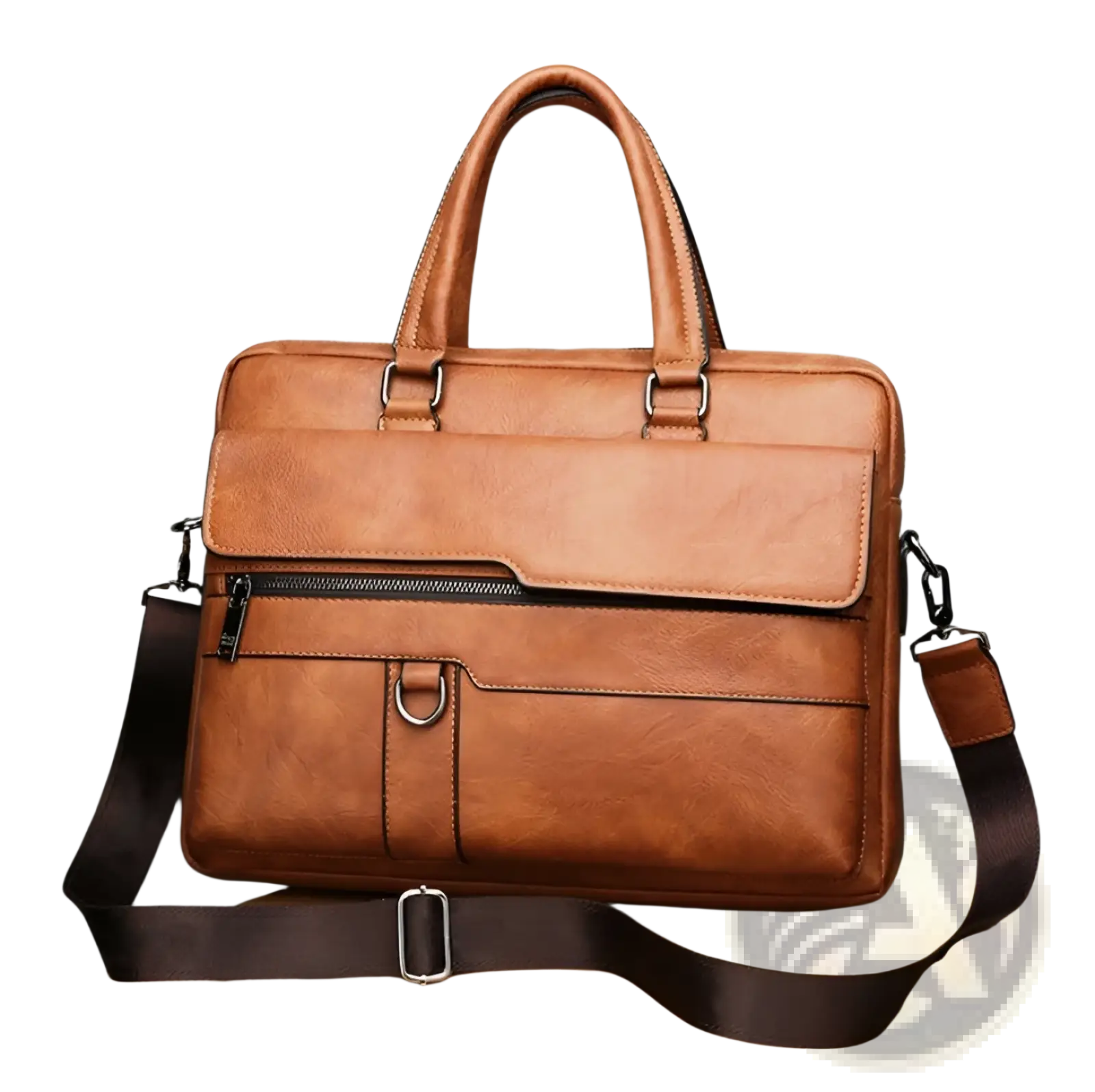 Brown leather briefcase shoulder bag for men premium pu with detachable shoulder strap and front zippered pocket