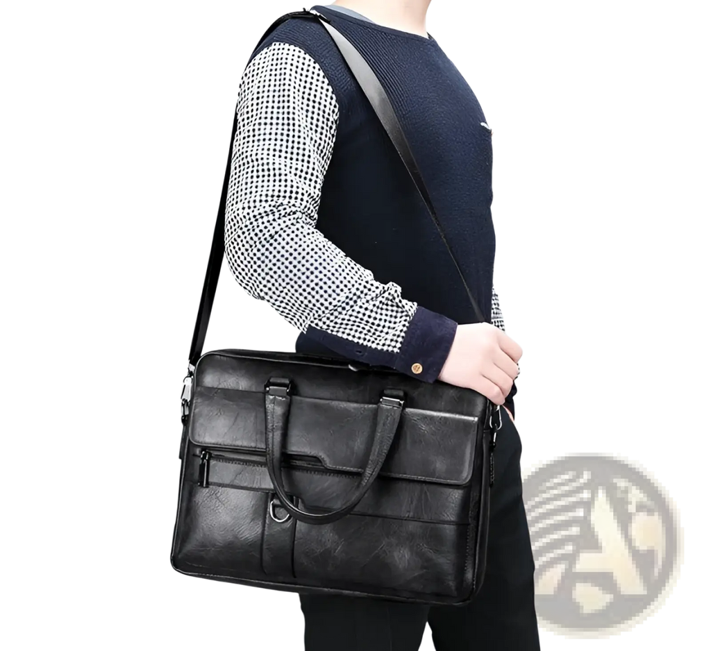 Black leather briefcase shoulder bag for men with textured surface, dual top handles, and adjustable strap premium pu