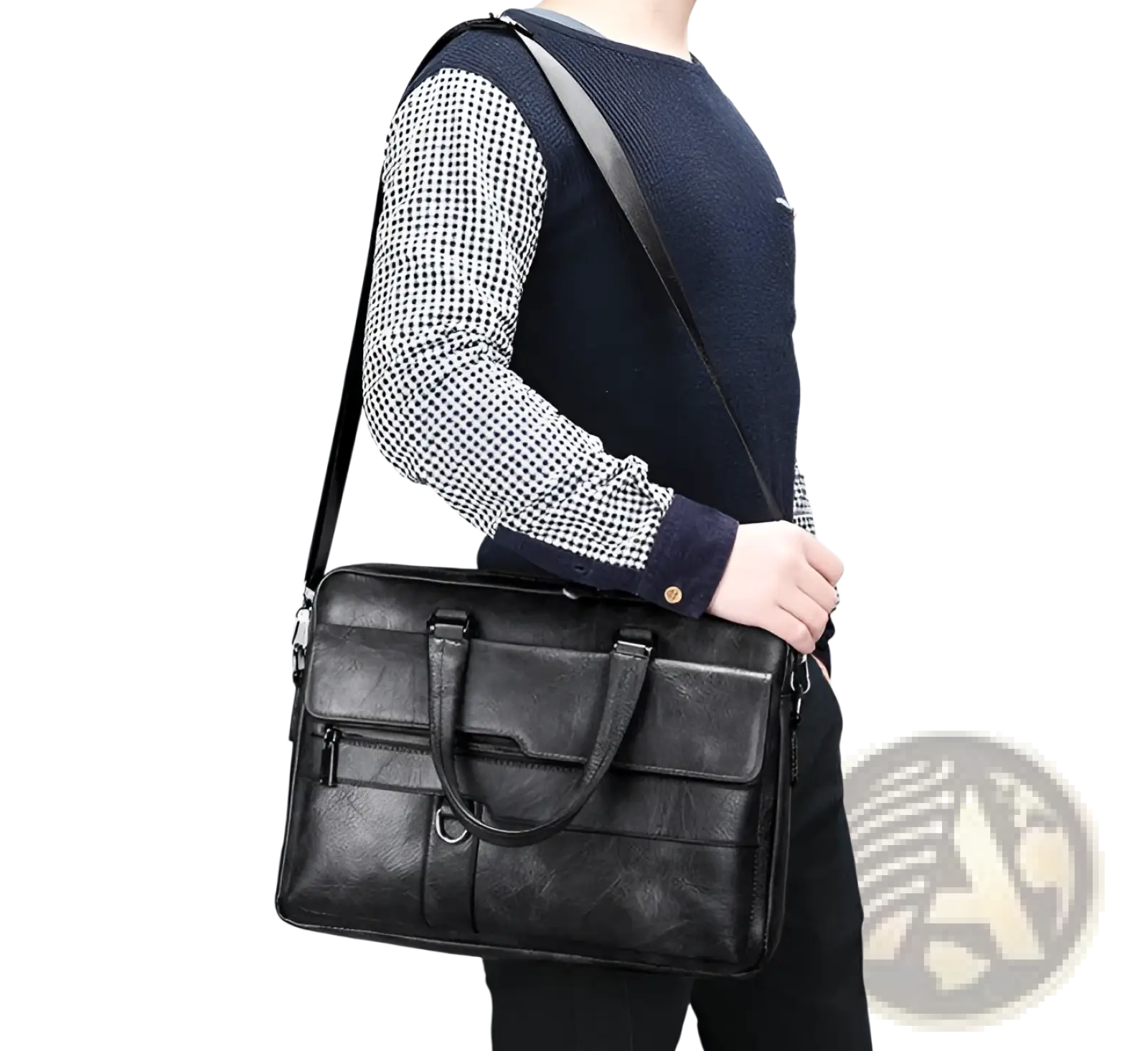 Black leather briefcase shoulder bag for men with textured surface, dual top handles, and adjustable strap premium pu