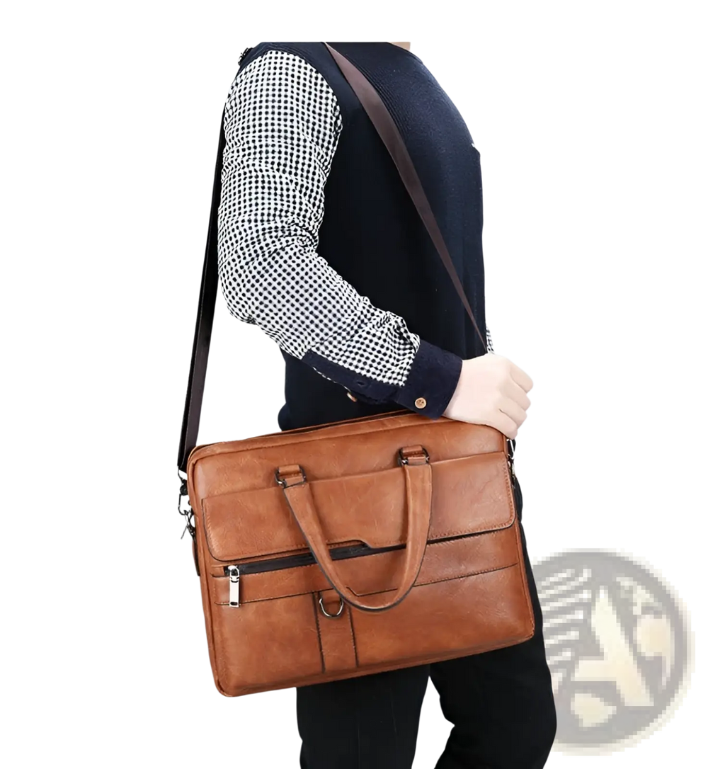 Brown leather briefcase shoulder bag for men with shoulder strap and front zippered pocket in premium pu material