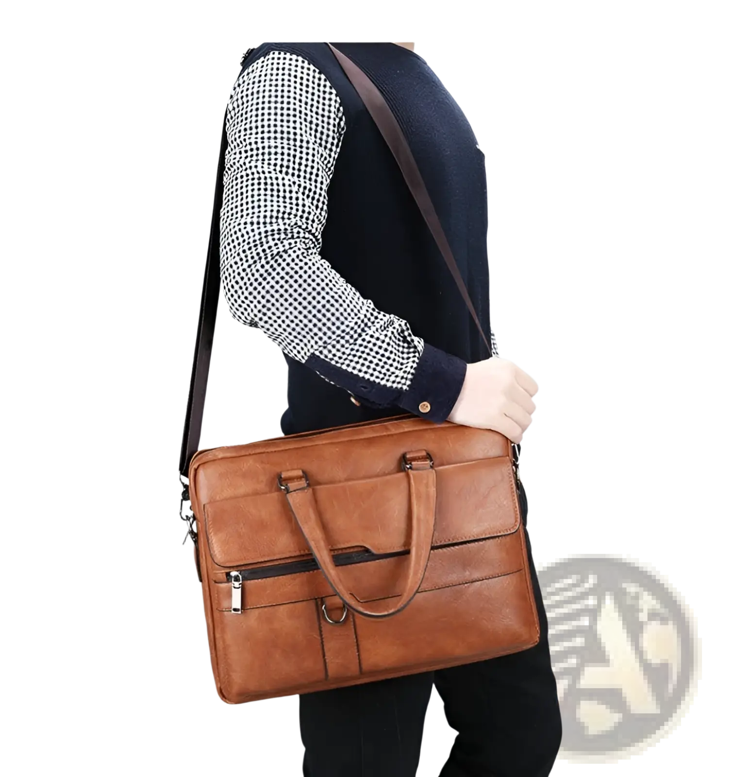 Brown leather briefcase shoulder bag for men with shoulder strap and front zippered pocket in premium pu material