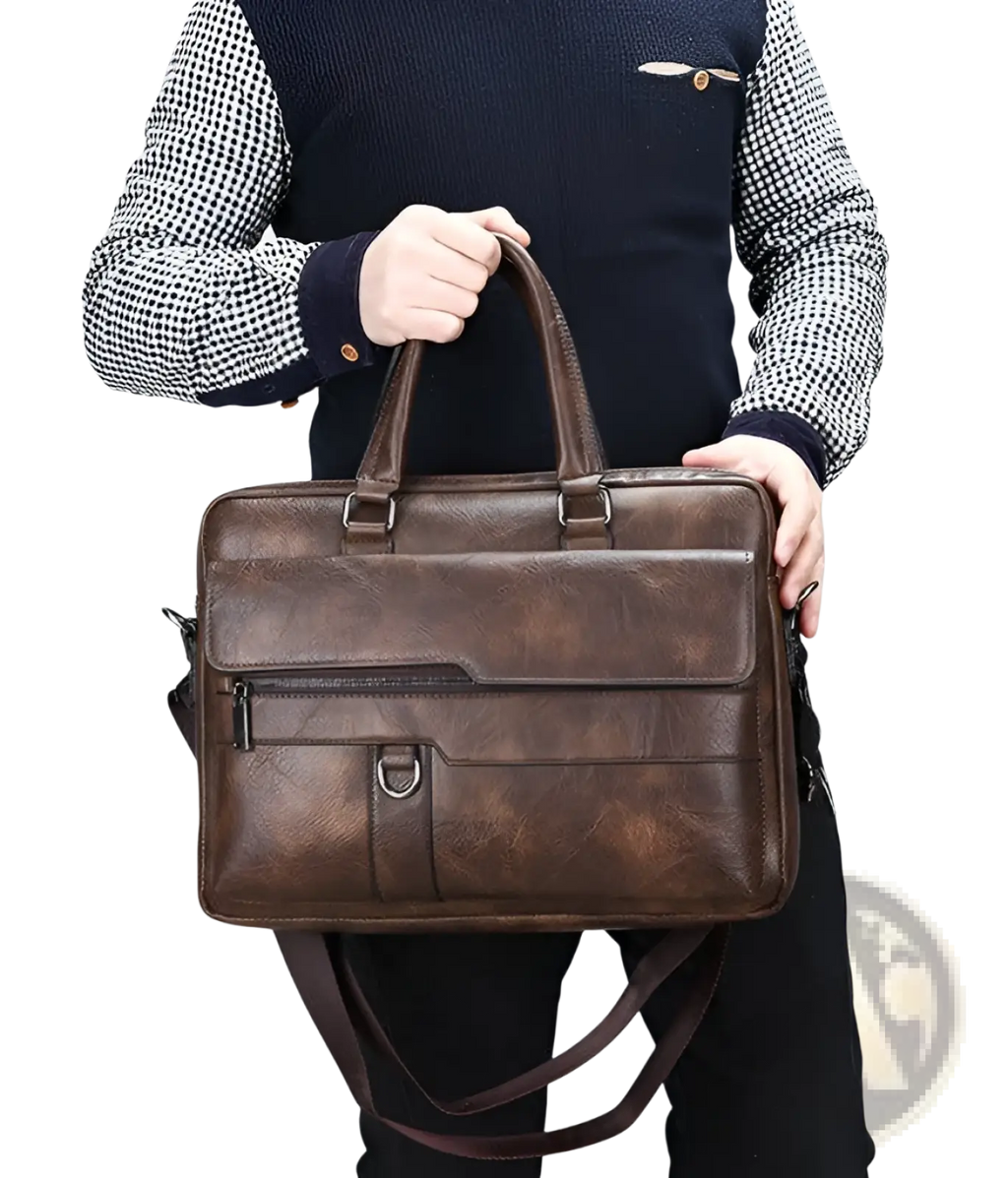 Brown leather briefcase shoulder bag for men with textured surface and multiple zippered compartments in premium pu