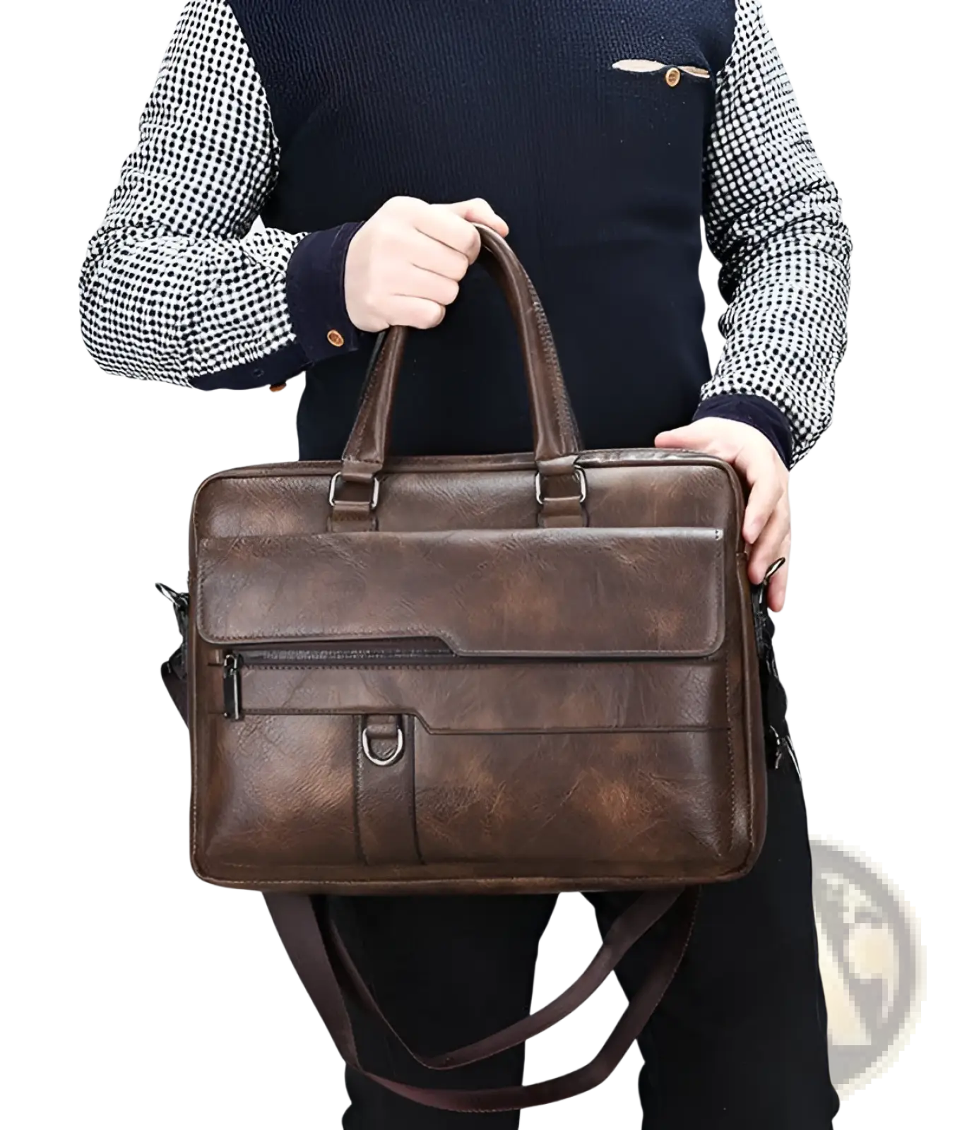 Brown leather briefcase shoulder bag for men with textured surface and multiple zippered compartments in premium pu