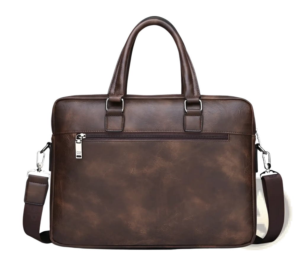 Brown leather briefcase shoulder bag for men with textured slightly worn finish and matching adjustable strap