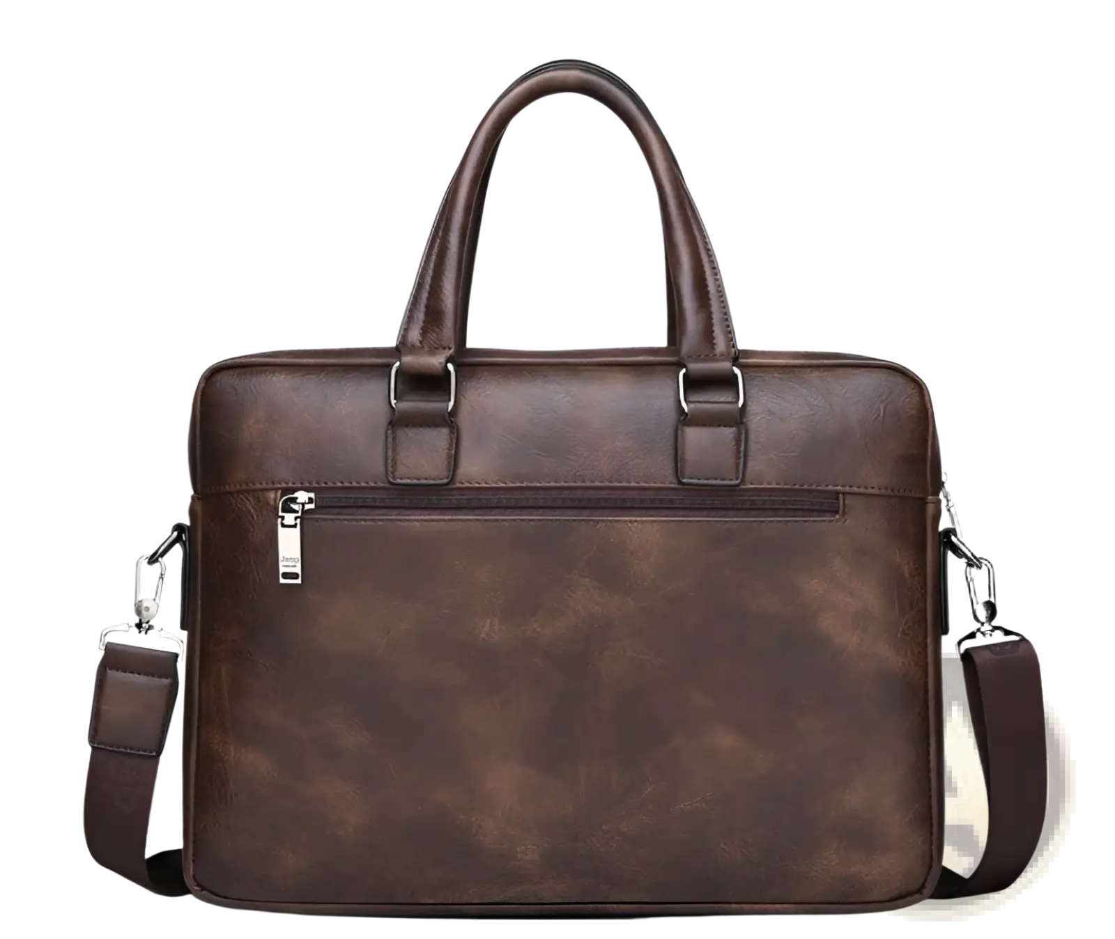Brown leather briefcase shoulder bag for men with textured slightly worn finish and matching adjustable strap