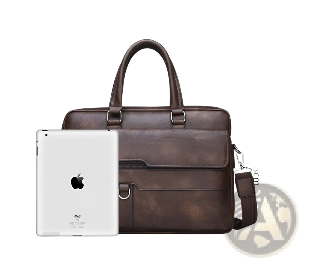 Brown leather briefcase shoulder bag for men with textured surface and structured design made of premium pu