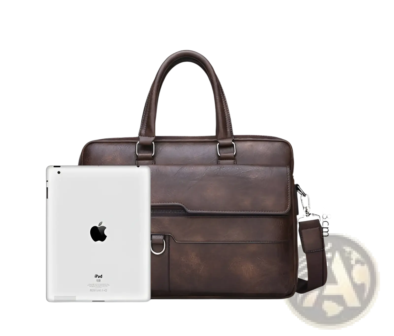 Brown leather briefcase shoulder bag for men with textured surface and structured design made of premium pu
