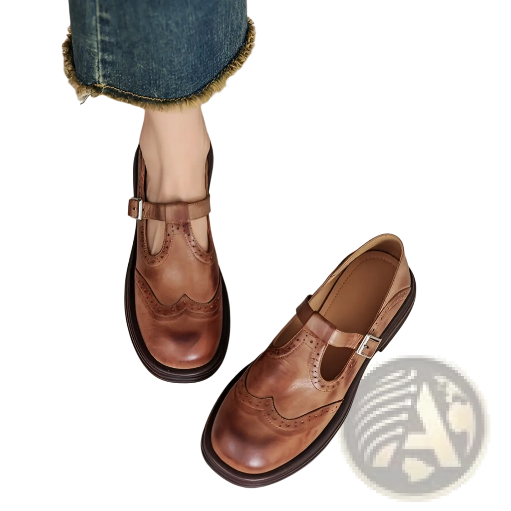 Brown leather mary jane shoes for women with classic t-strap design and subtle brogue detailing