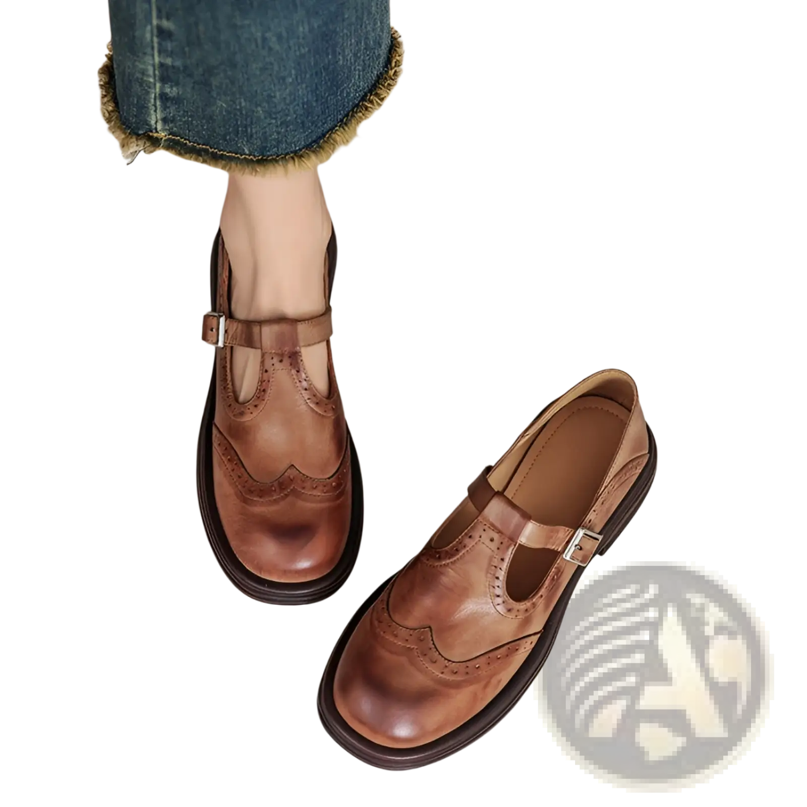 Brown leather mary jane shoes for women with classic t-strap design and subtle brogue detailing
