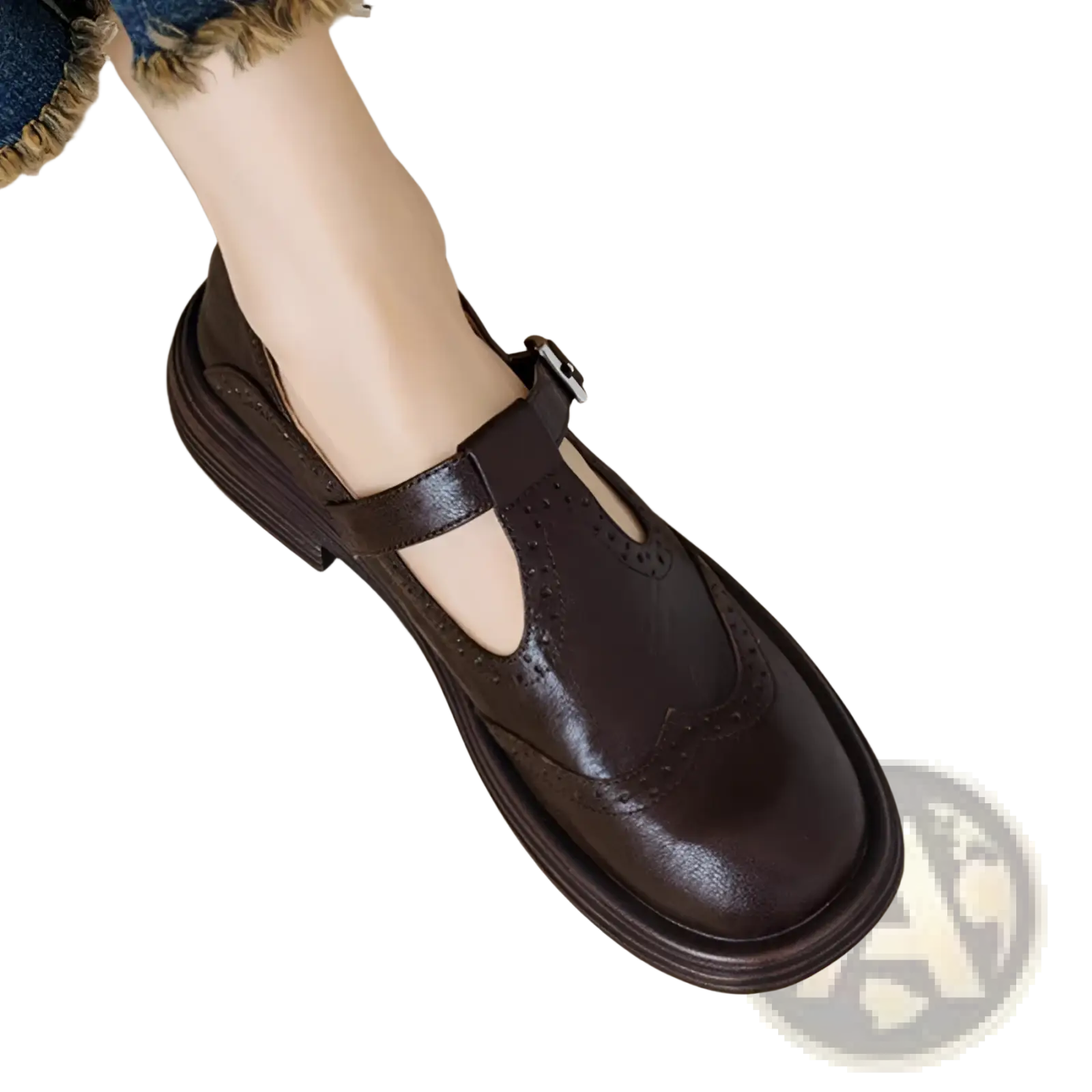 Dark brown leather brogue mary jane shoe for women with t-strap and chunky sole in brown and black colors