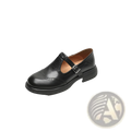 Black leather mary jane shoe with brogue detailing and a buckle strap for women in brown and black options