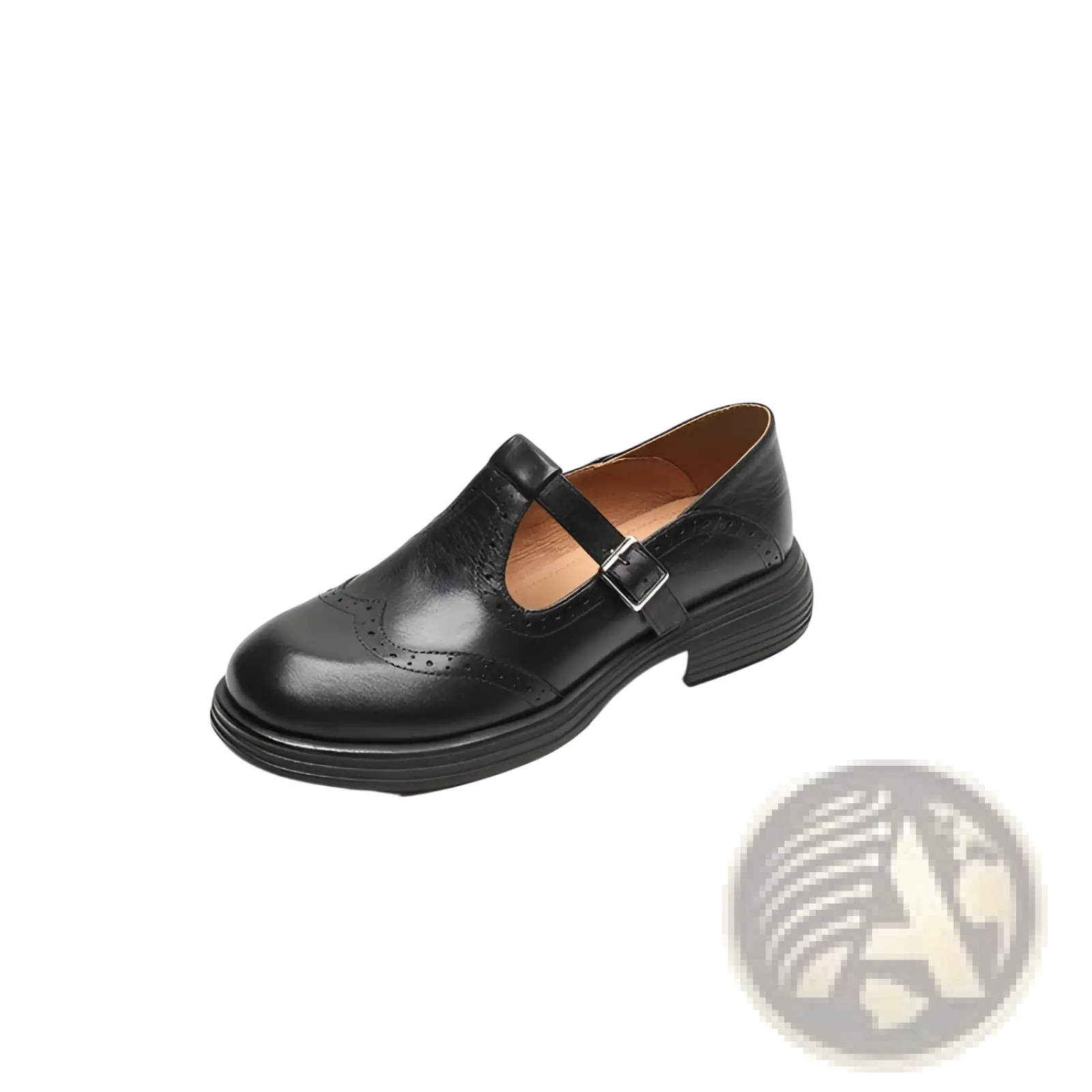 Black leather mary jane shoe with brogue detailing and a buckle strap for women in brown and black options