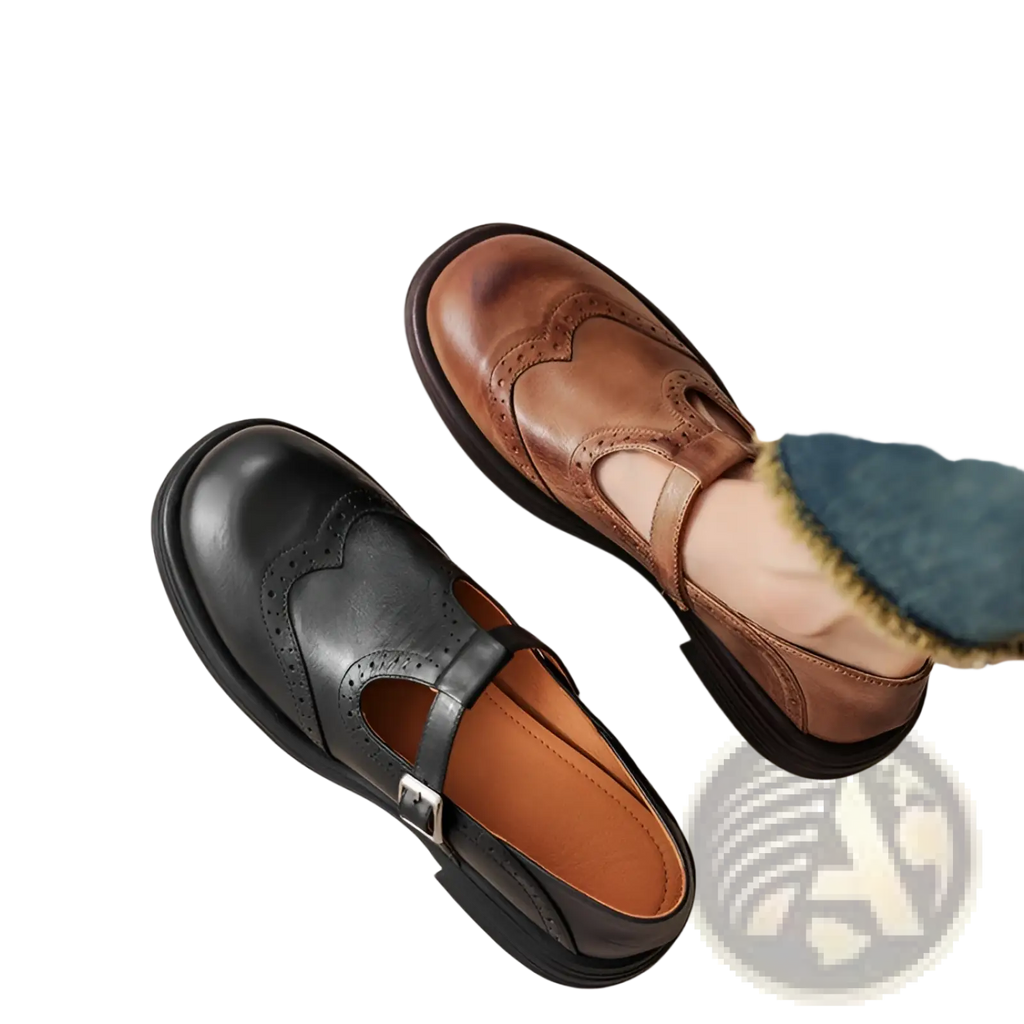 Leather brogue mary jane shoes for women in black and brown with strap and detailed stitching on leather upper