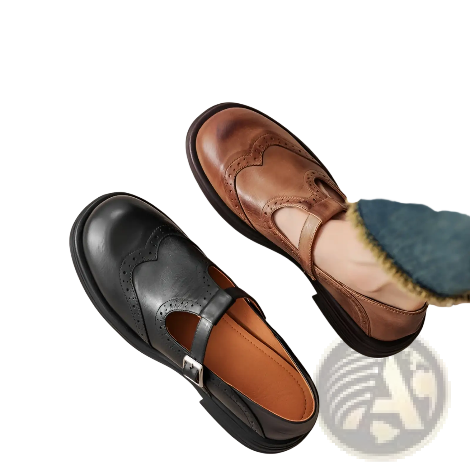 Leather brogue mary jane shoes for women in black and brown with strap and detailed stitching on leather upper