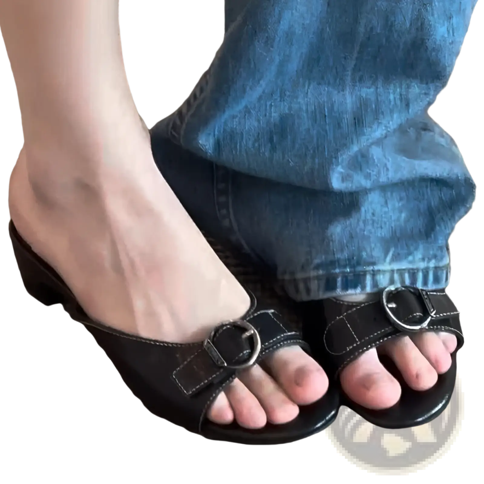 Black leather buckle mule sandals for women with a low block heel square toe and silver-toned buckle detail