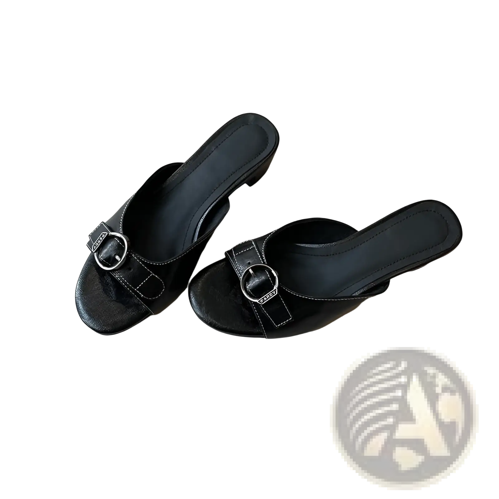 Black leather buckle mule sandals for women with silver-toned buckle accents and a square toe design