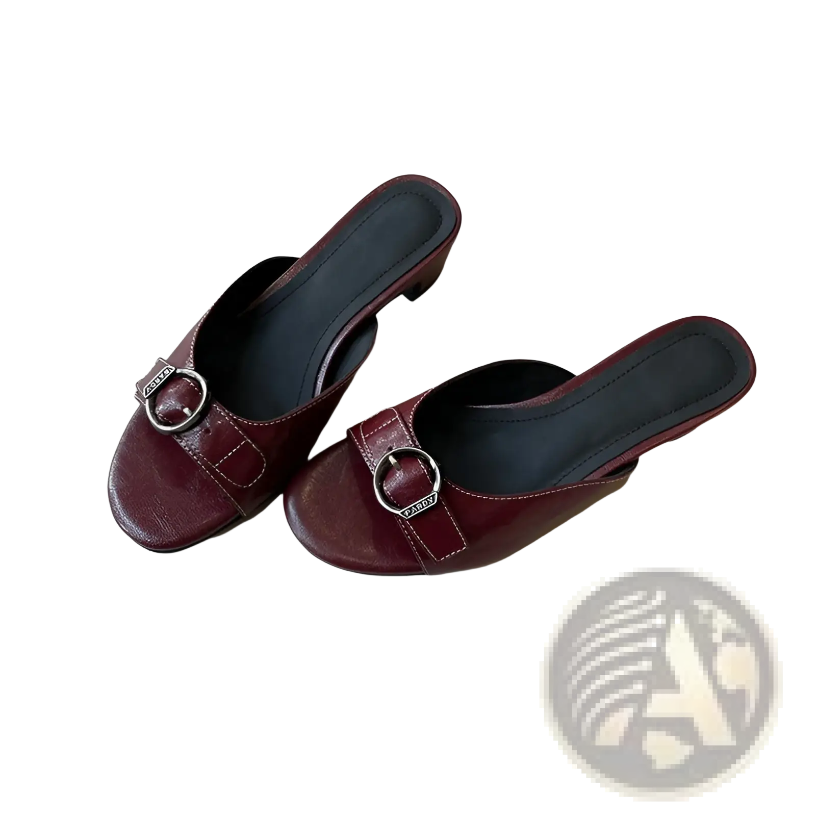 Burgundy leather buckle mule sandals for women with silver circular buckles and low block heel square toe design