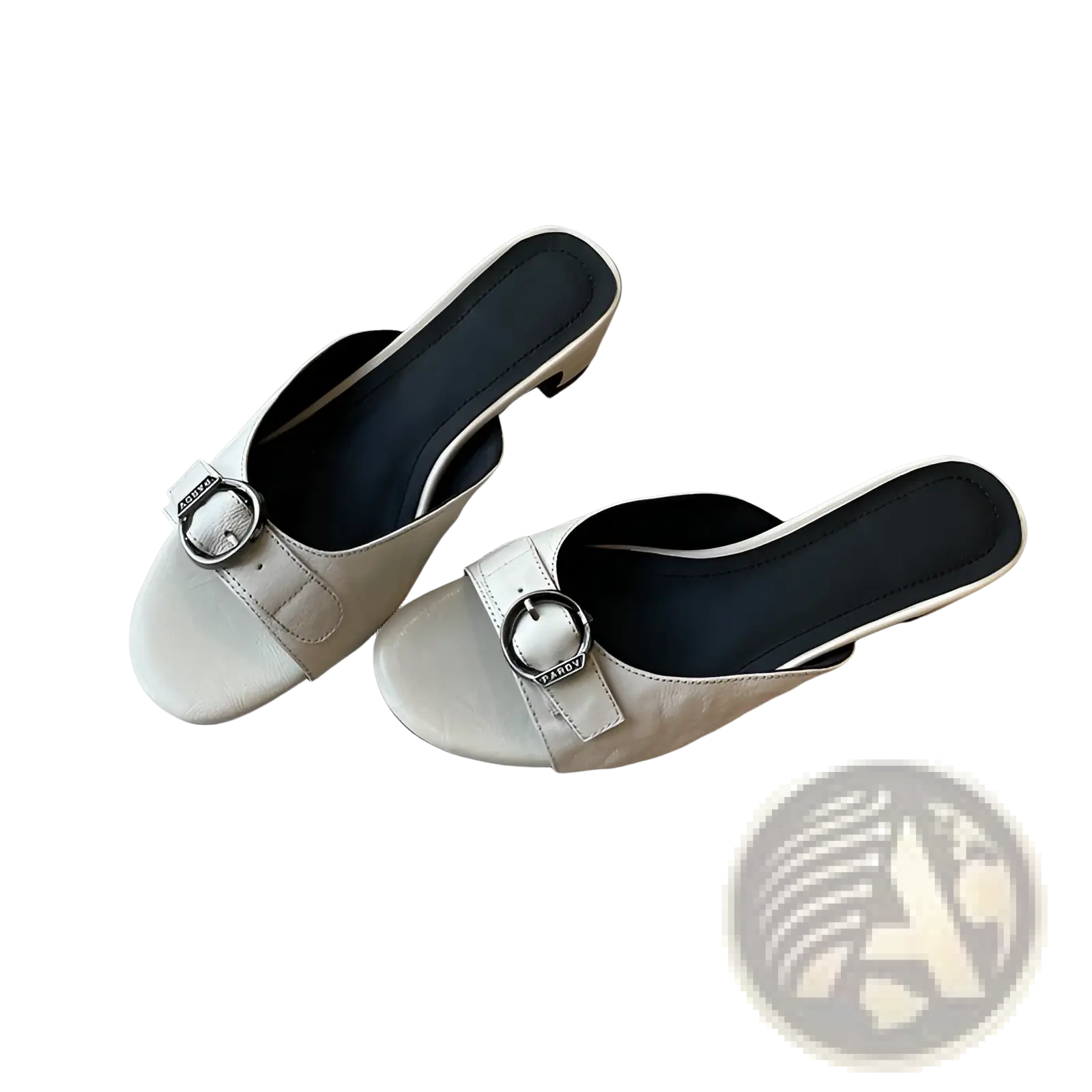Cream-colored leather buckle mule sandals for women with silver circular buckle and black insole square toe design
